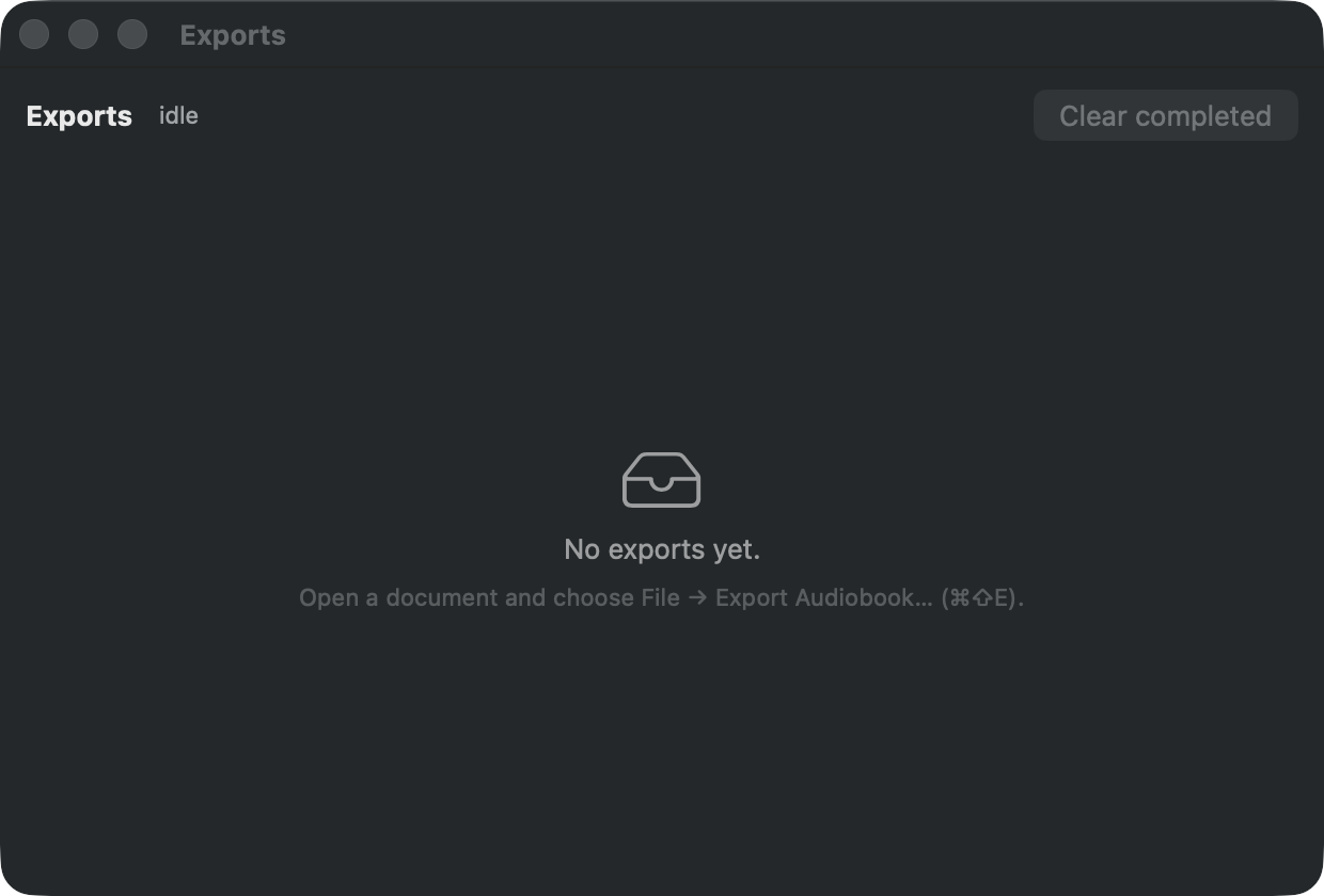 The Exports window, which lists each audio export with its own progress and buttons to reveal or play the finished file.
