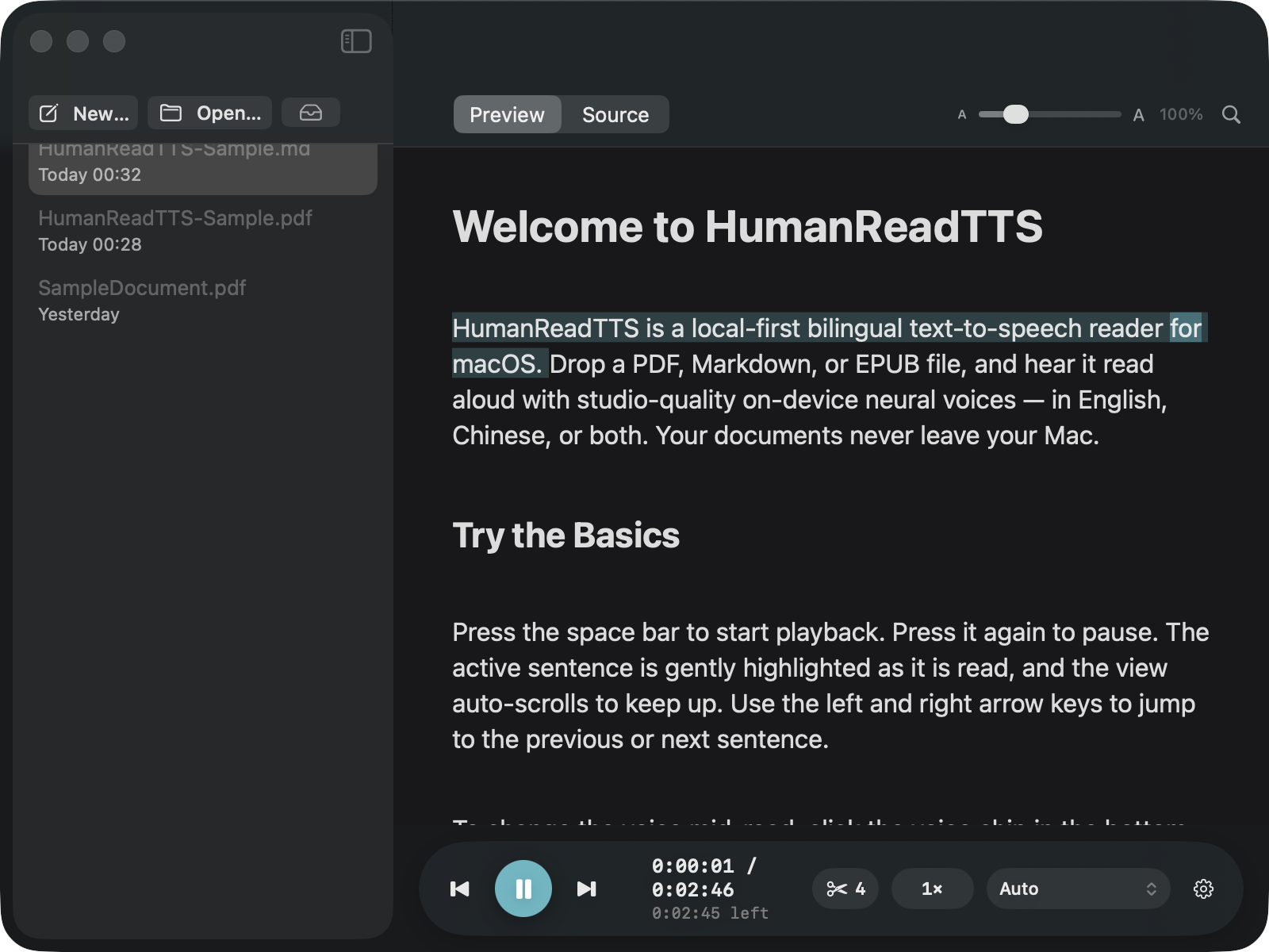 The app mid-read: the document list on the left, the document in the middle with the sentence being spoken highlighted, and the playback bar along the bottom.