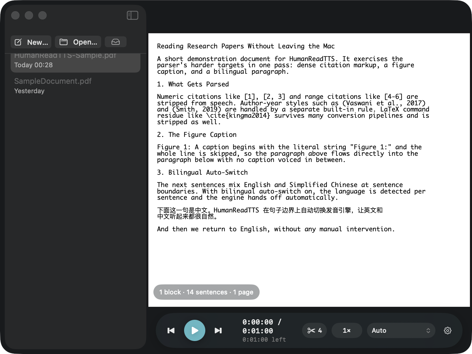 The main window with a PDF open: the document list on the left, the document in the middle, and the playback bar along the bottom.