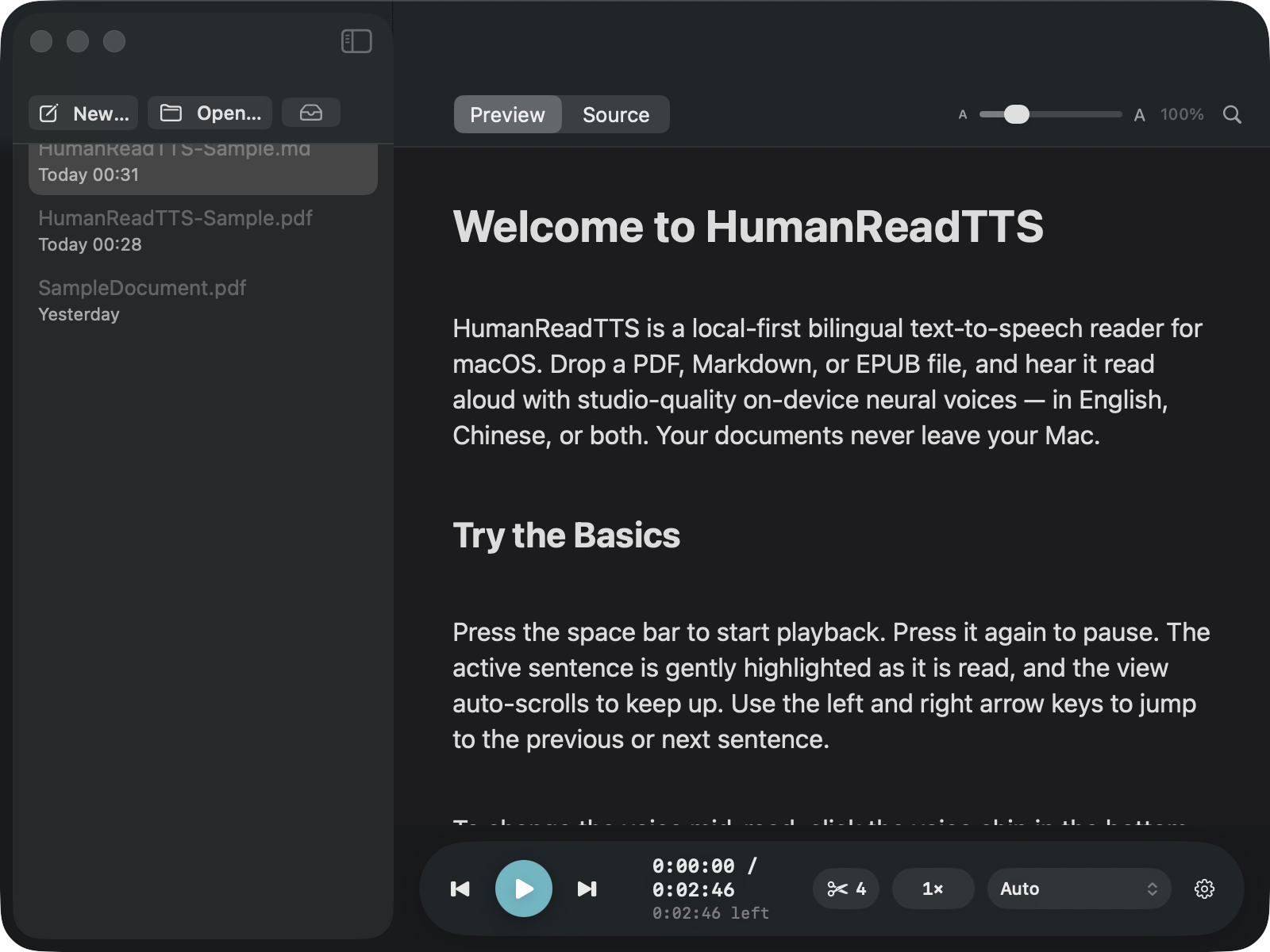 The reader with the Night surface: light text on a dim background.