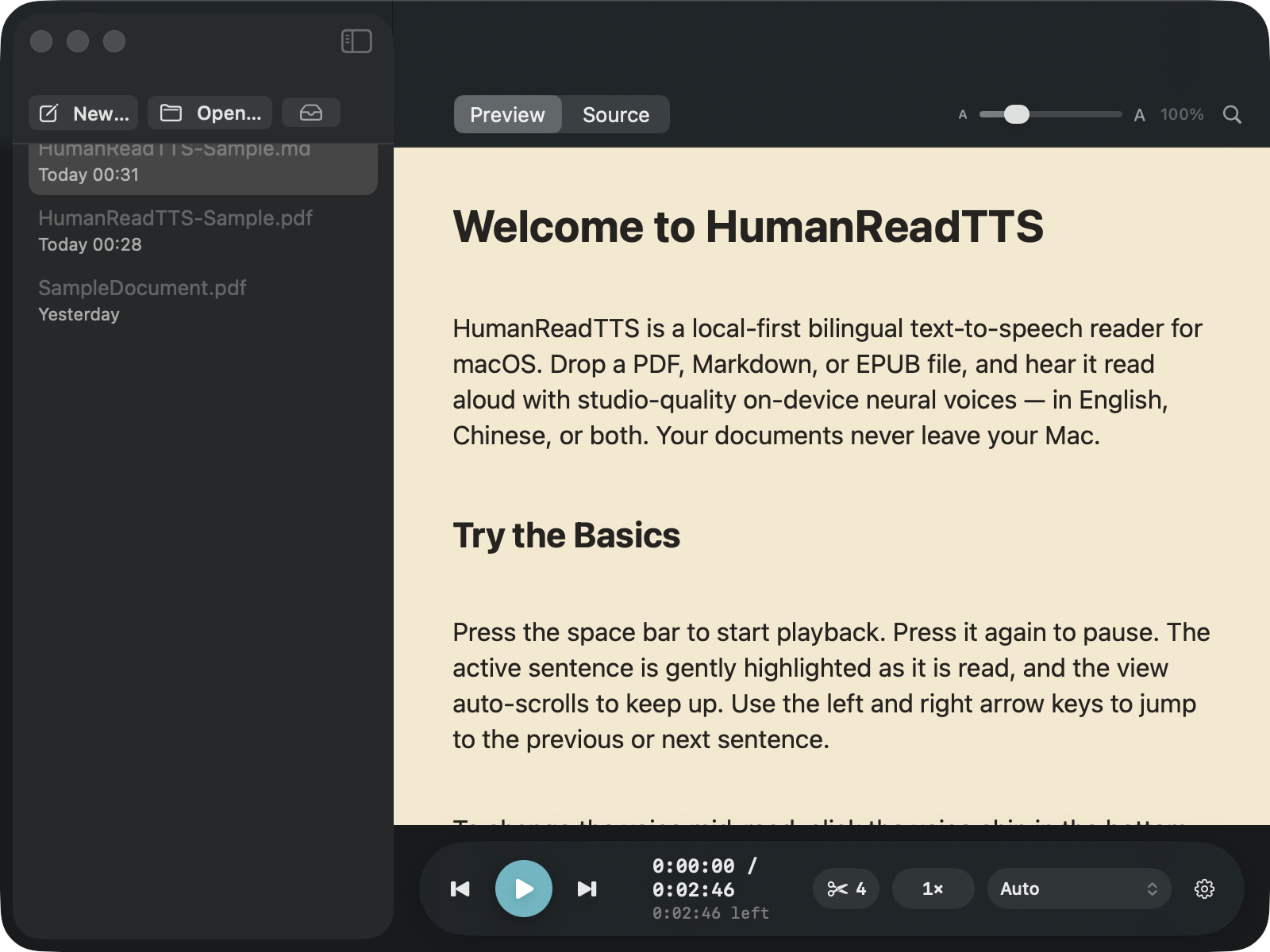 The reader showing the Sepia surface: a warm, paper-coloured page behind dark text.