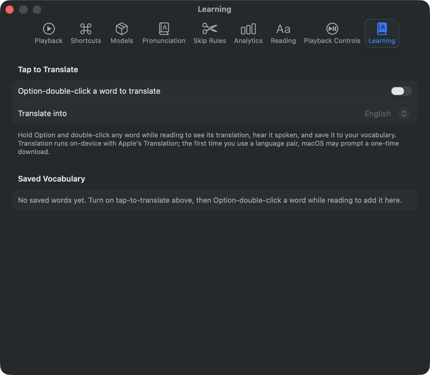 The Learning settings tab, showing the tap-to-translate switch, the target language, three saved words with translations and example sentences, and an Export to Anki button.