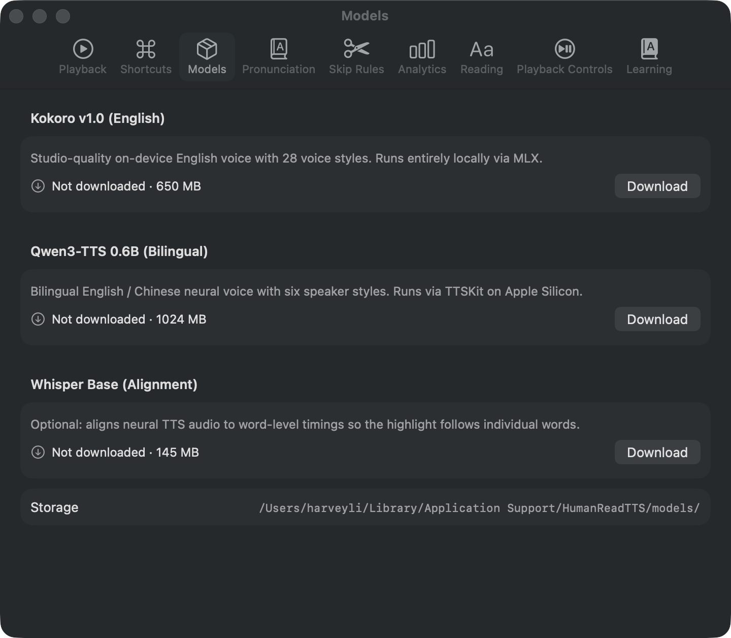 The Models tab in Settings, listing the downloadable voice packs with their sizes and download controls.