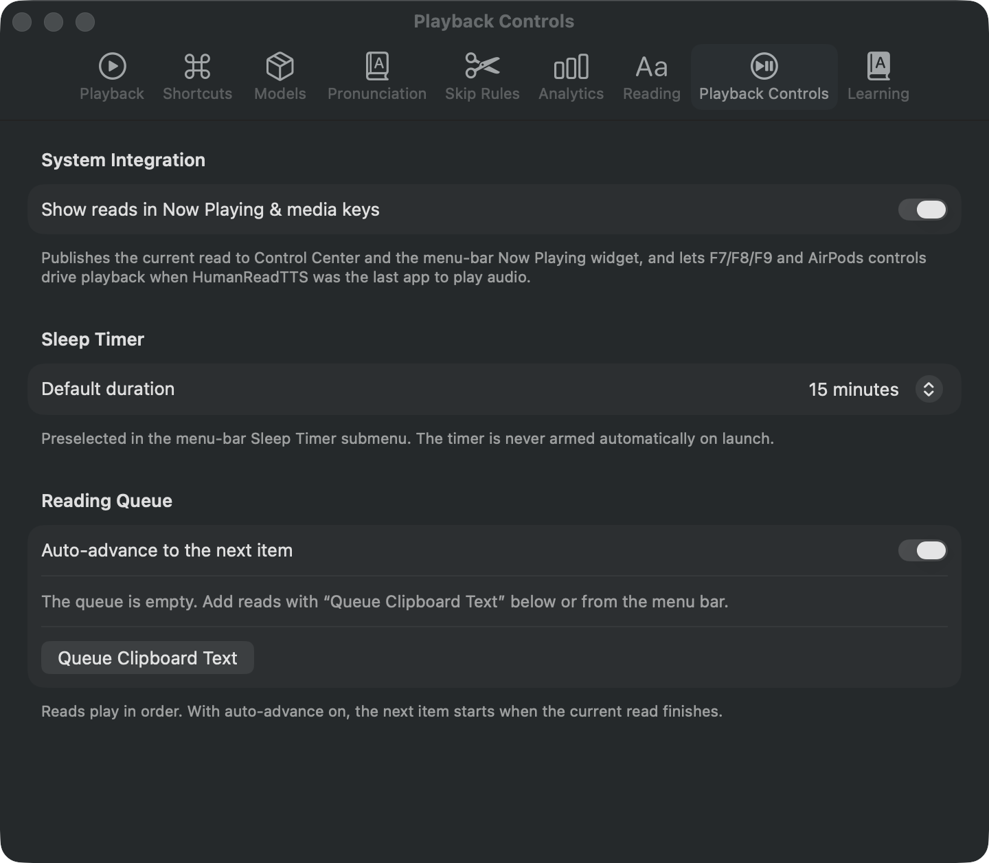 The Playback Controls tab in Settings, with the sleep timer and reading queue options.
