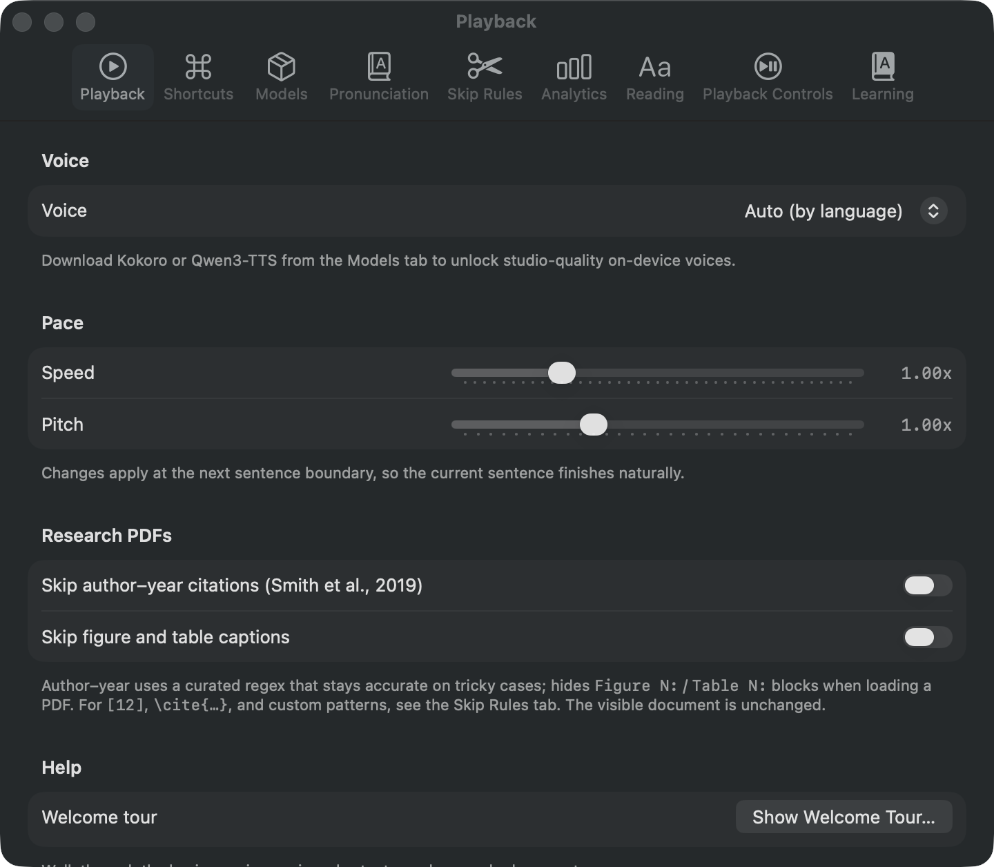 The Playback tab in Settings, where the voice, speed and bilingual auto-switch behaviour are set.