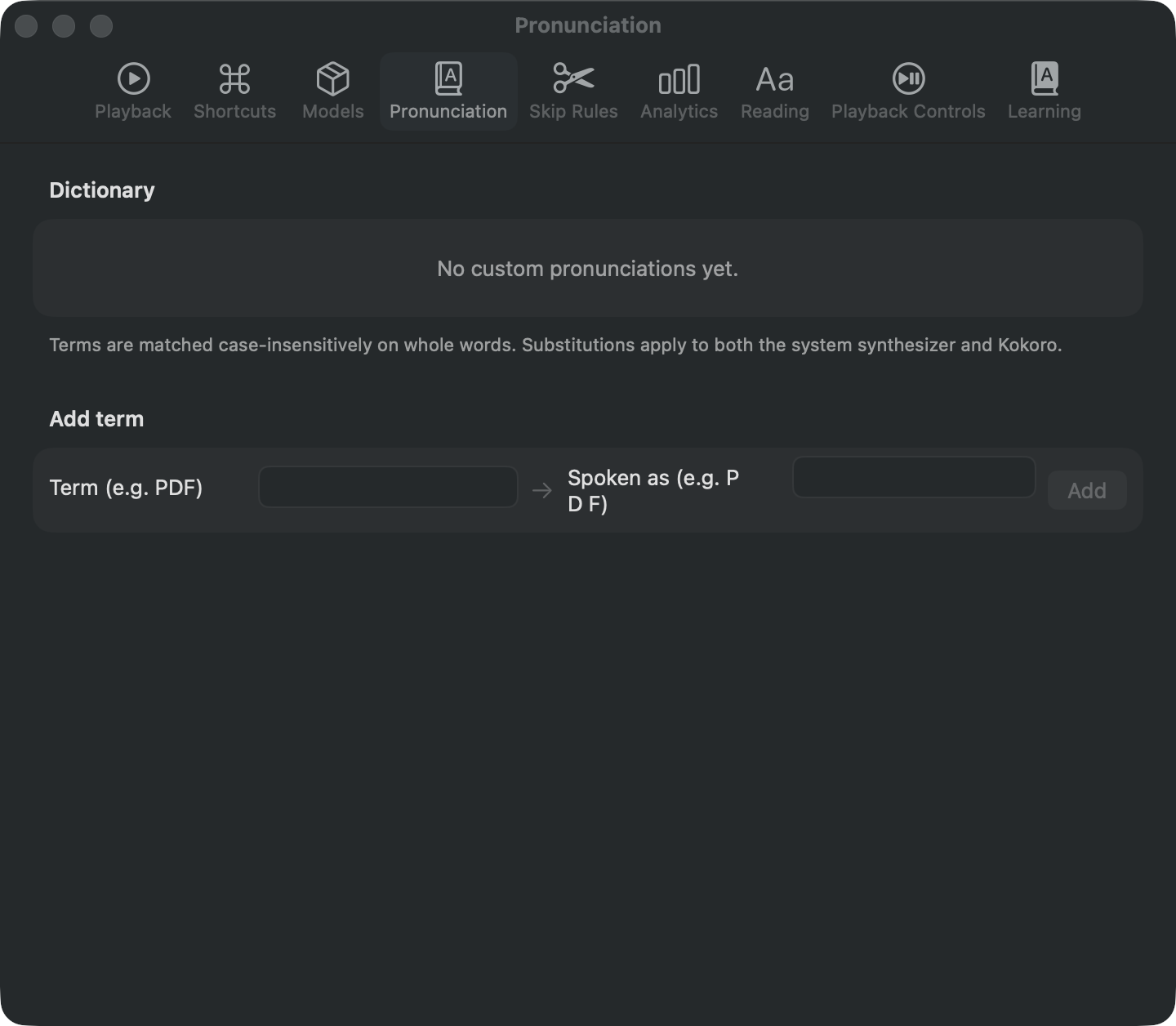 The Pronunciation tab in Settings, where words are paired with the spelling that should be spoken.