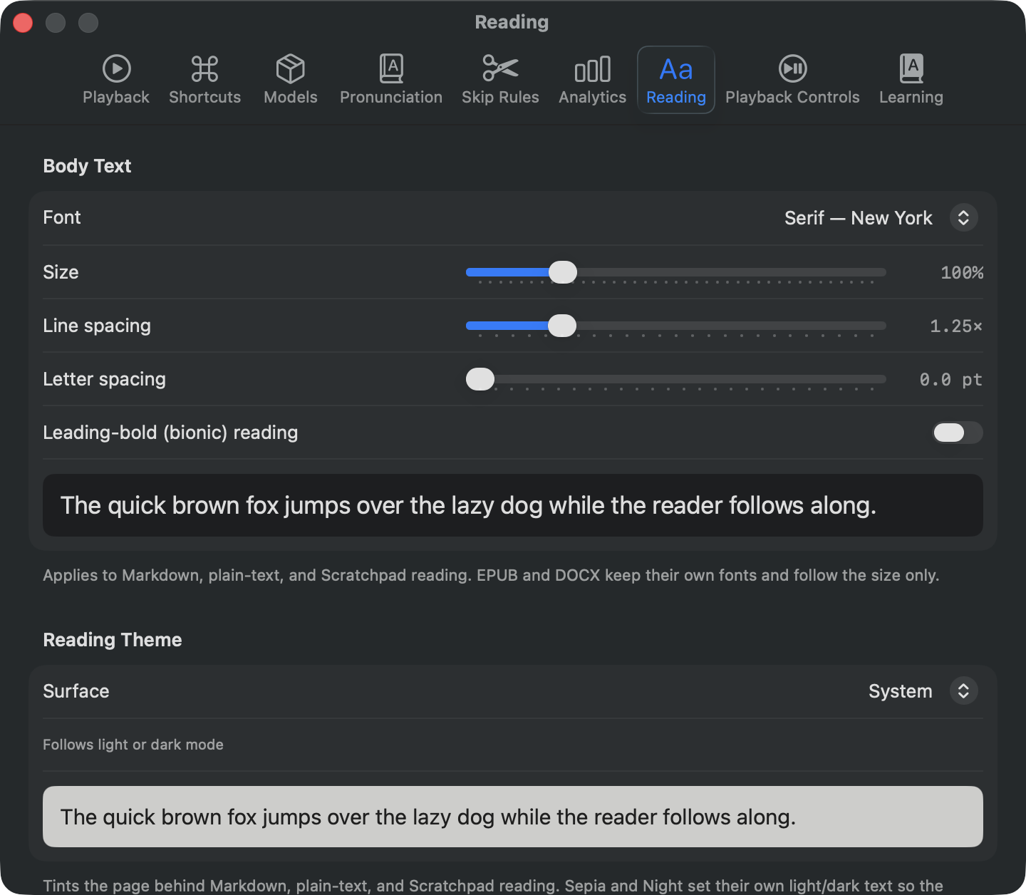 The Reading tab in Settings: a font picker, sliders for size, line spacing and letter spacing, a leading-bold switch, and a live preview sentence.