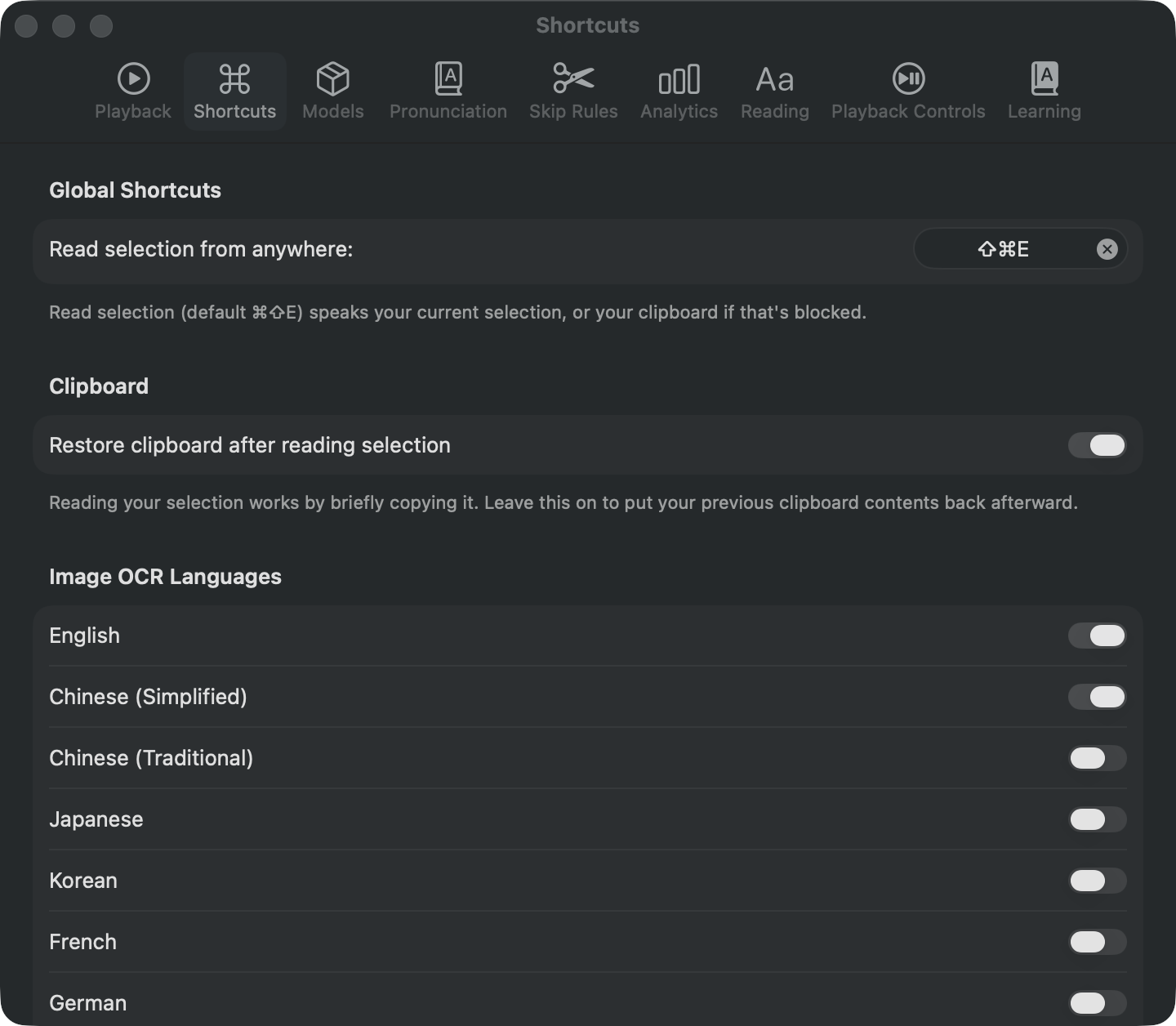 The Shortcuts tab in Settings, showing the read-selection hotkey, a switch to restore the clipboard afterwards, and the list of image recognition languages.