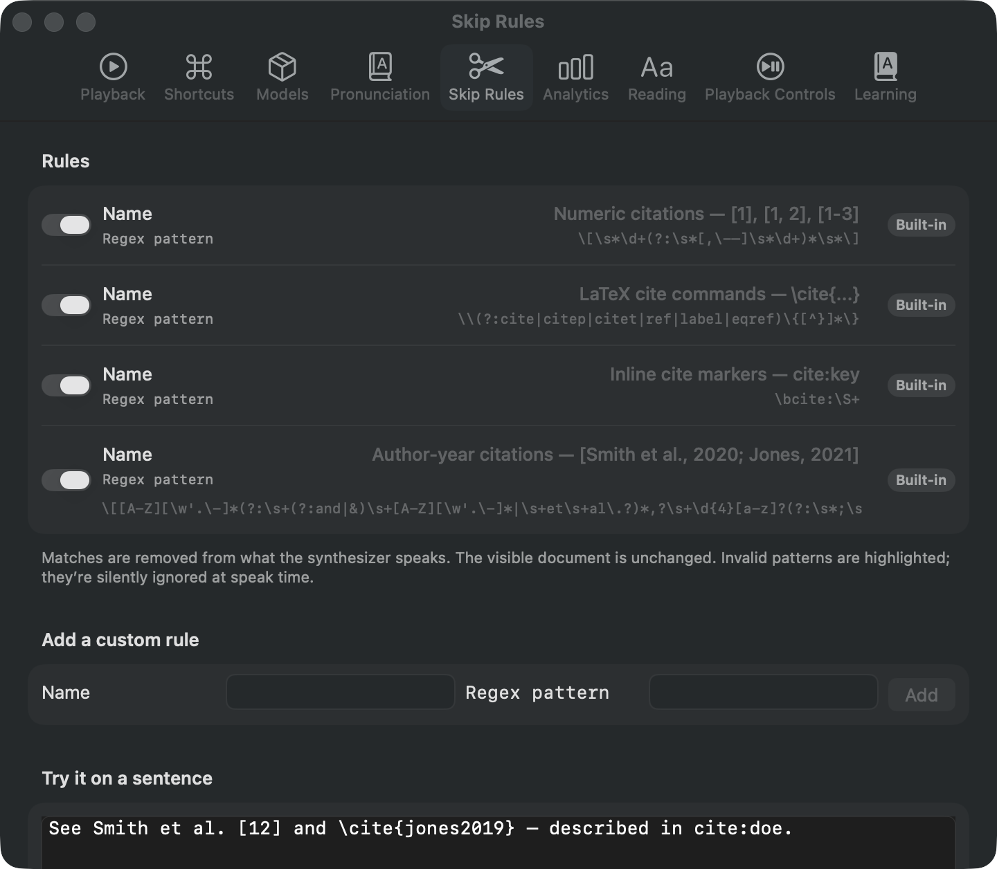 The Skip Rules tab in Settings, listing the built-in citation rules with switches and a live preview of what gets removed.