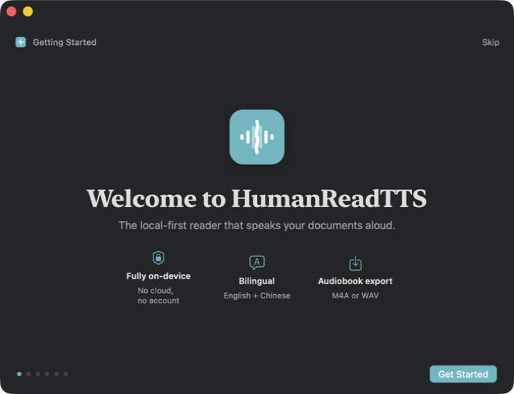 The welcome tour window, headed Welcome to HumanReadTTS, listing three points: fully on-device, bilingual English and Chinese, and audiobook export.