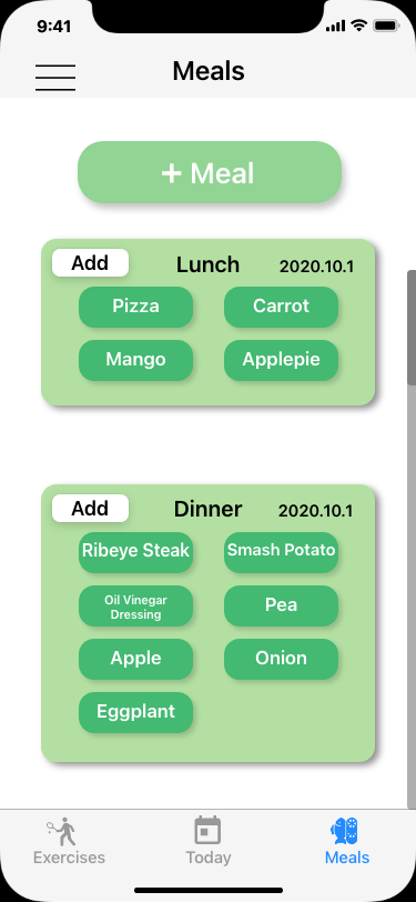 Meal tab - digital mock up