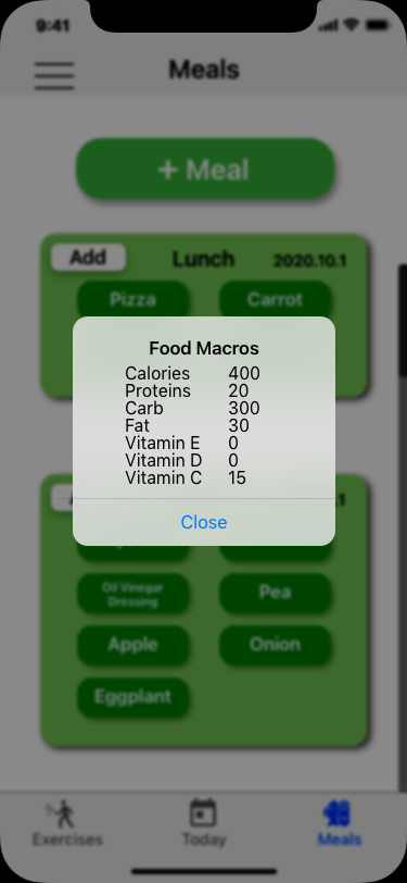 Meal tab, checking a food's nutrient value - digital mock up