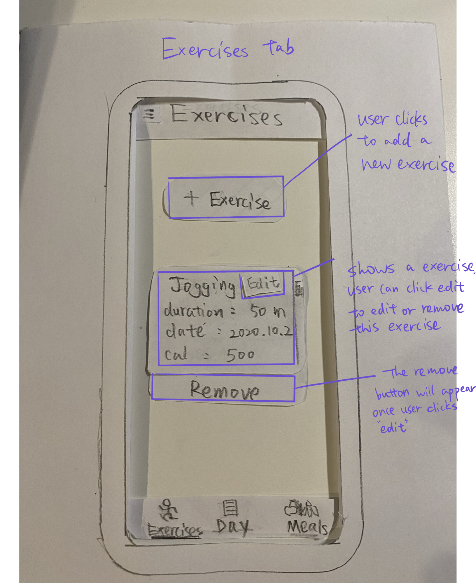 Exercise tab - paper prototype